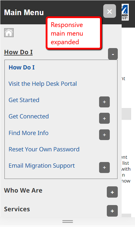 mobile view - menu expanded upon click of menu icon