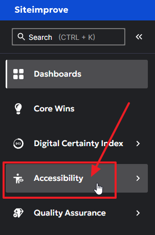 display Siteimprove side menu highlighting Accessibility menu item