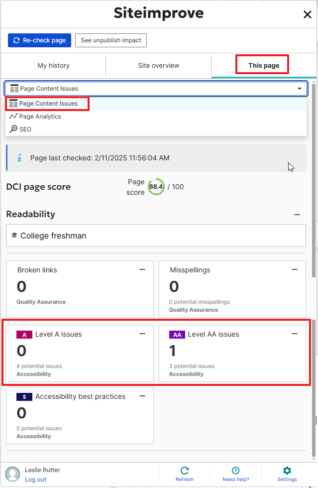 CMS plugin expanded to show details regarding accessibility, SEO or quality assurance errors on the page.