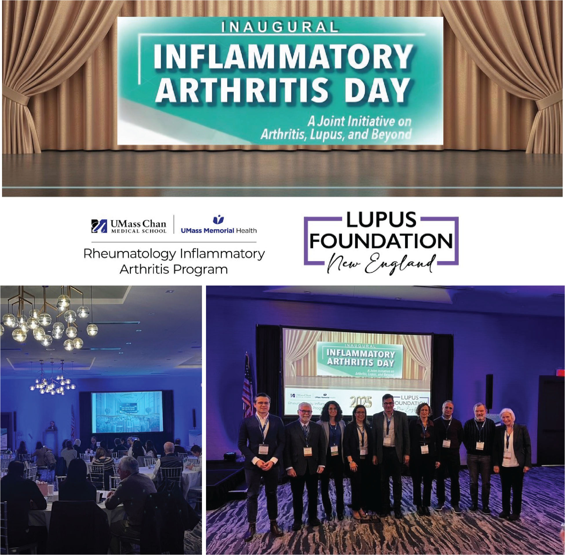 Images of Inflammatory Arthritis Day, one is a group photo of the organizers and one is a photo of the room of attendees