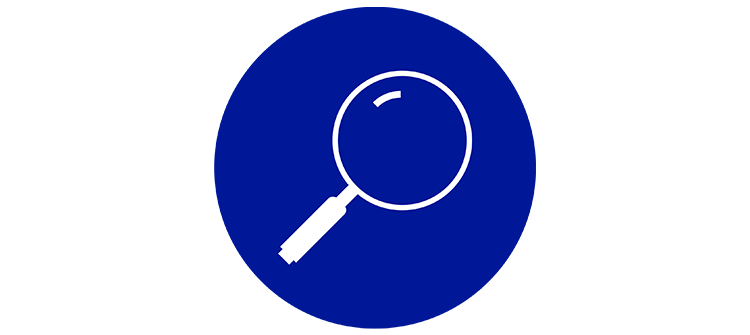 Icon showing a white magnifying glass on a blue background