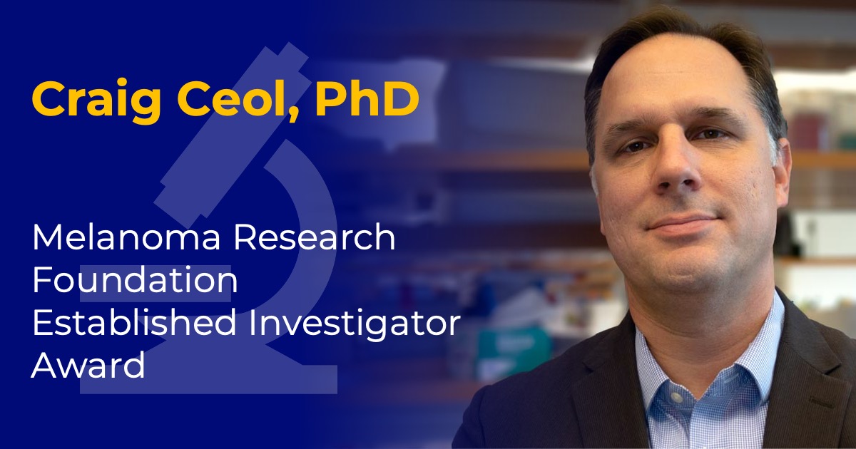 Headshot of Craig Ceol with overlaid text reading “Craig Ceol, PhD” and “Melanoma Research Foundation Established Investigator Award."