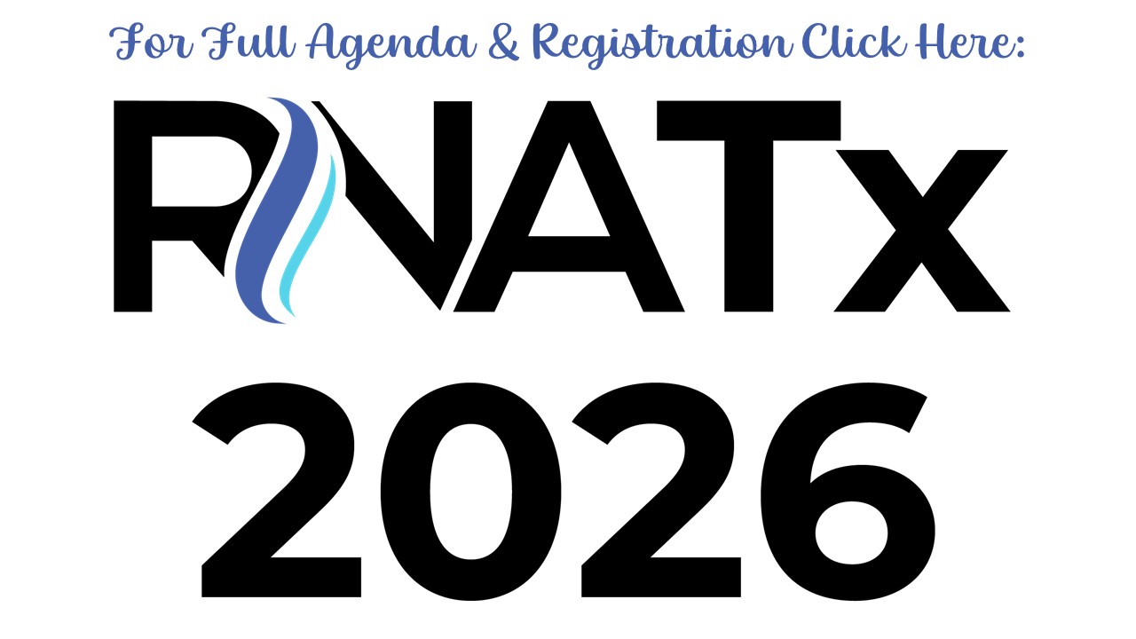 Graphic reading ‘For Full Agenda & Registration Click Here: RNATx 2026’ with the RNATx logo. Button links to agenda and registration information.