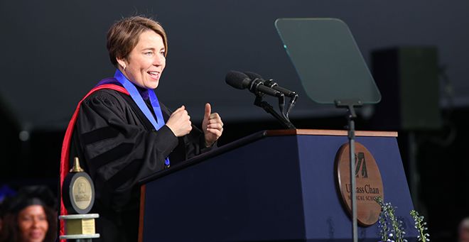 Photo of Maura Healey delivering the 2024 Commencement address