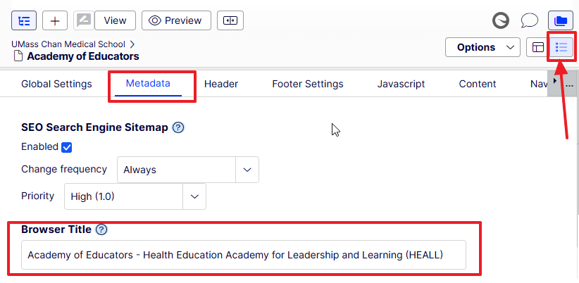 screen shot of browser title property in the CMS editor