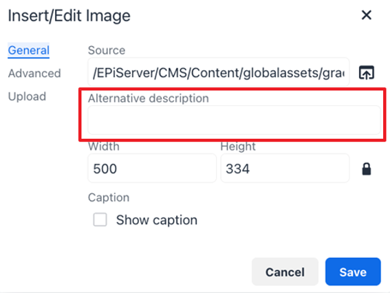 display of the Alternative Description field when editing an image in the WYSIWYG