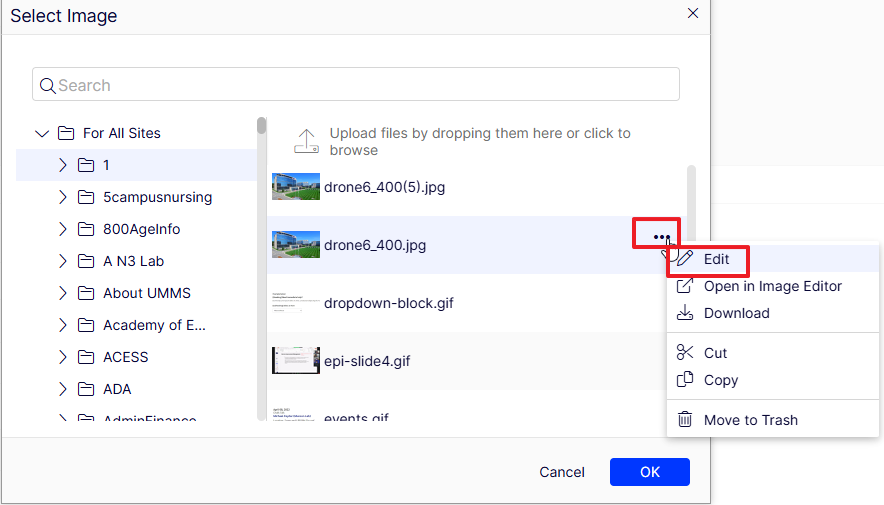 displaying the popup when editing an image from the image property, and selecting edit