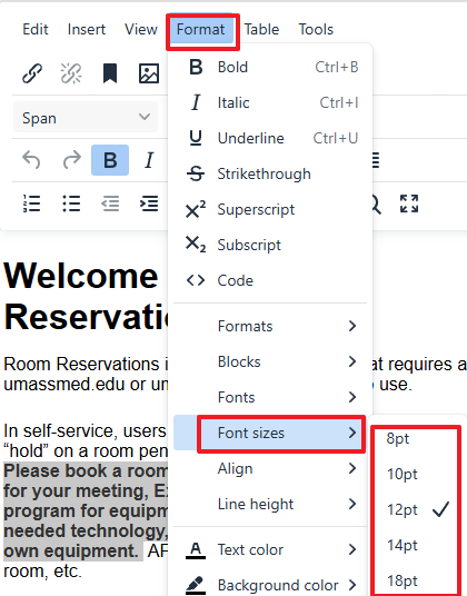 WYSIWYG menu for Format > Font Size